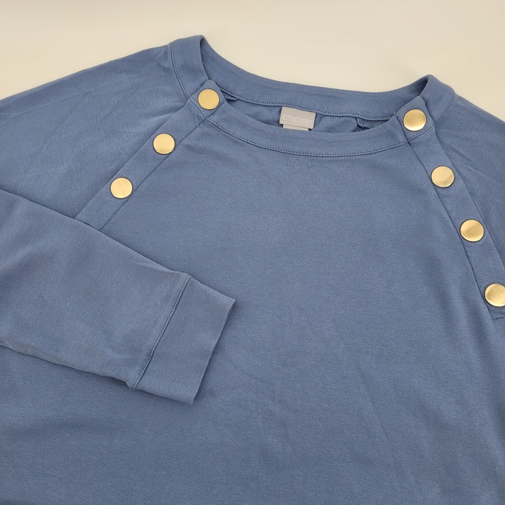 Chicos Blue Pima Cotton Casual Relaxed Fit Long Sleeve Top Womens Size 2 Large